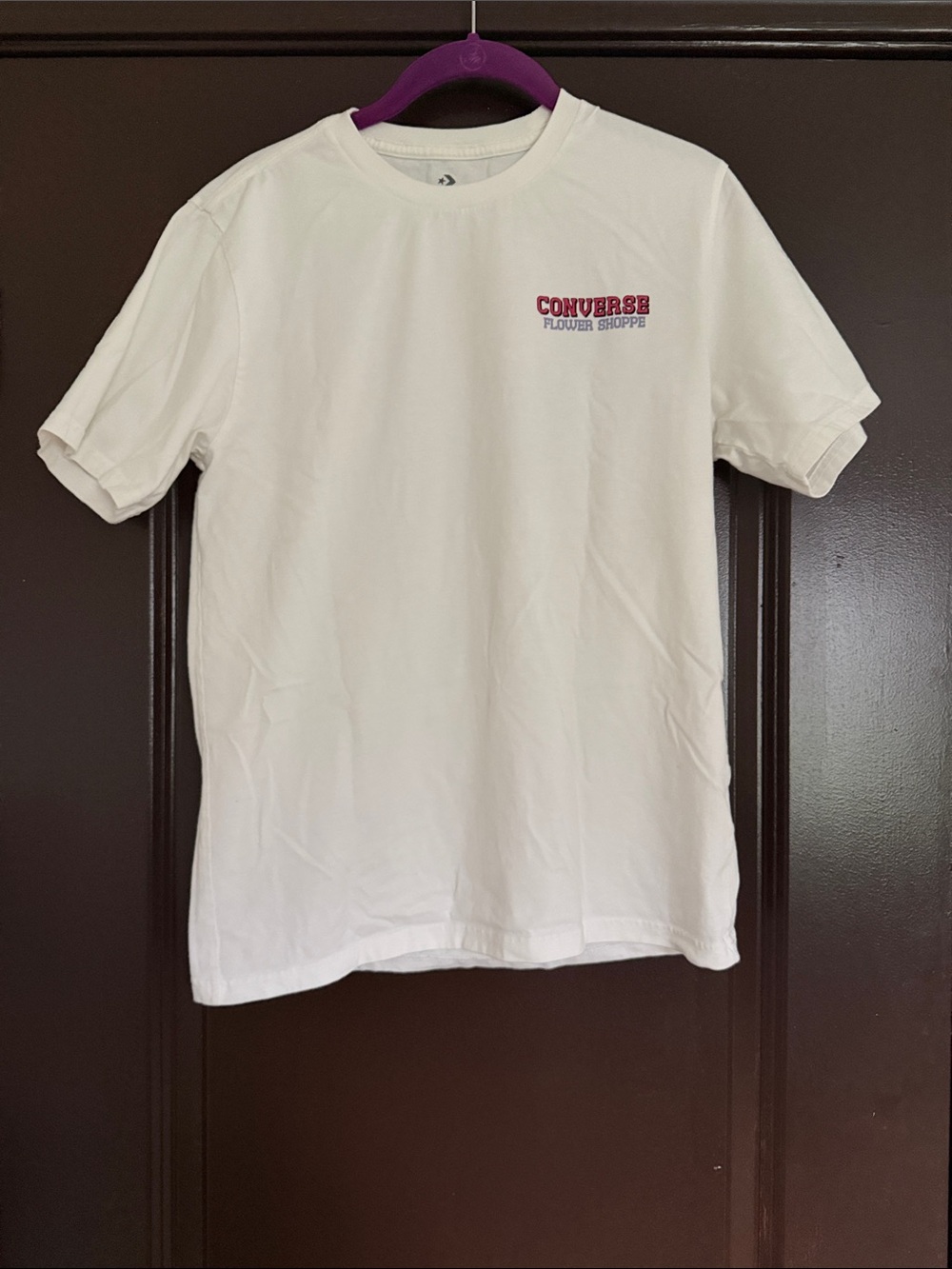 Converse White Short Sleeve Tee with Small Pink Chest Print